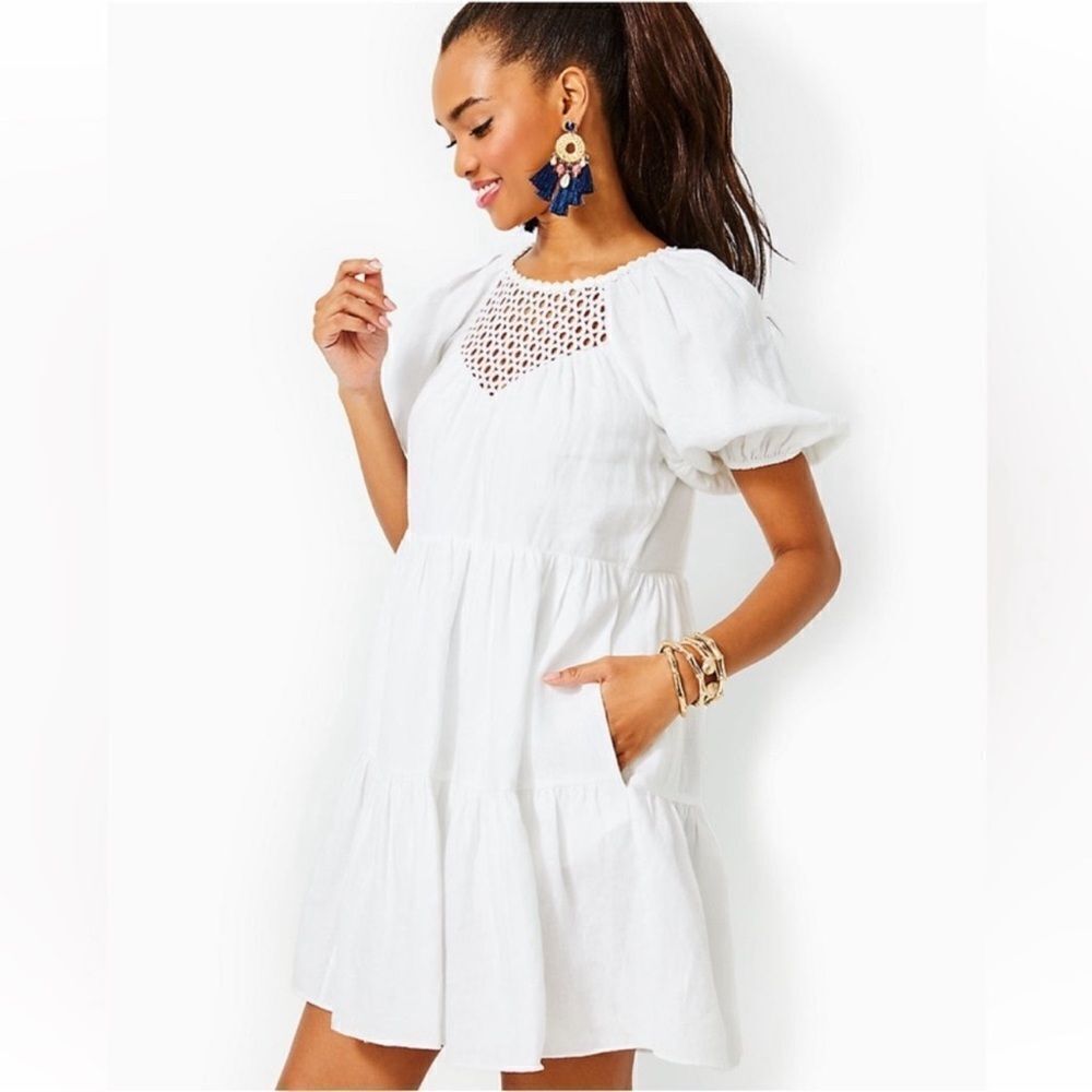 Lilly 4 Charlet Resort White Tiered Eyelet Crochet Lace Puff Short Sleeve Dress